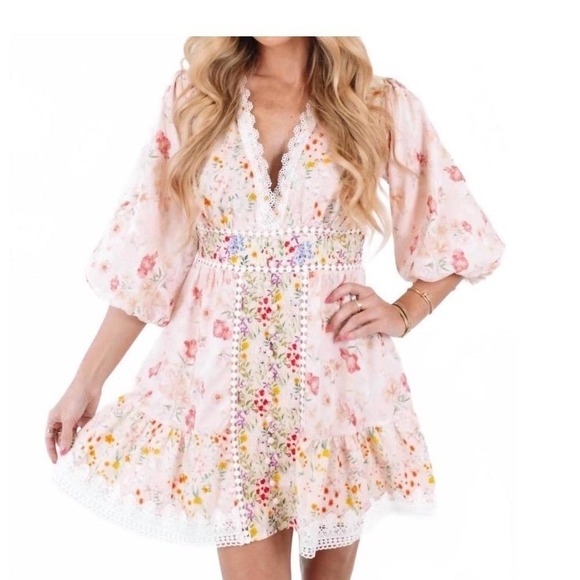 Dresses & Skirts - FORE COLLECTION meadow blooms mini dress in multi pink size L cottagecore Lace